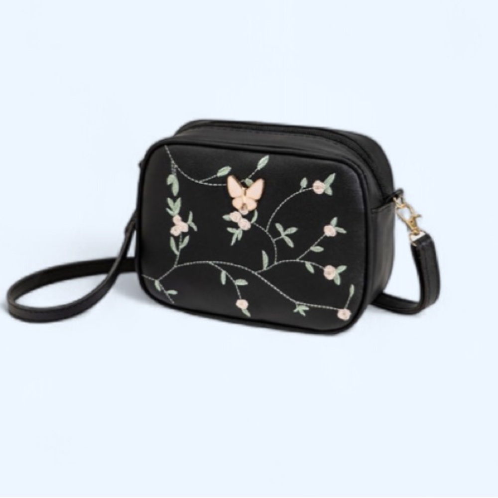 Floral Embroidered Black Crossbody Bag Shoulder Bag